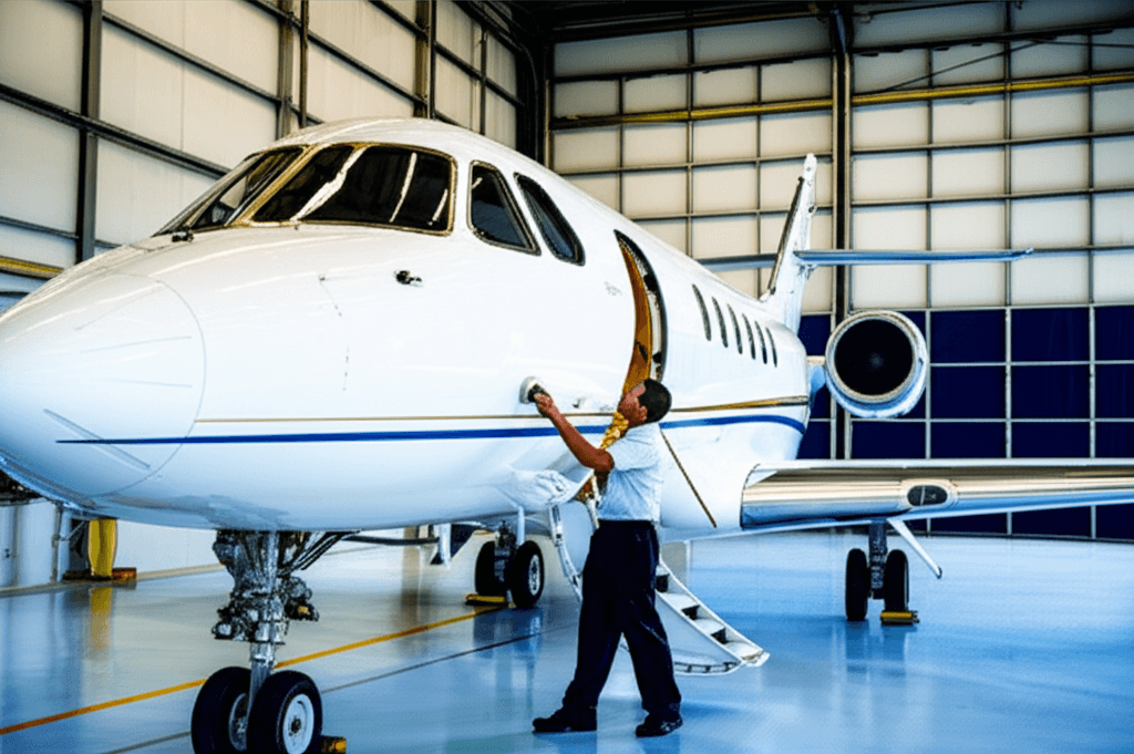 Premium aircraft detailing - private jet being professionally detailed in hangar